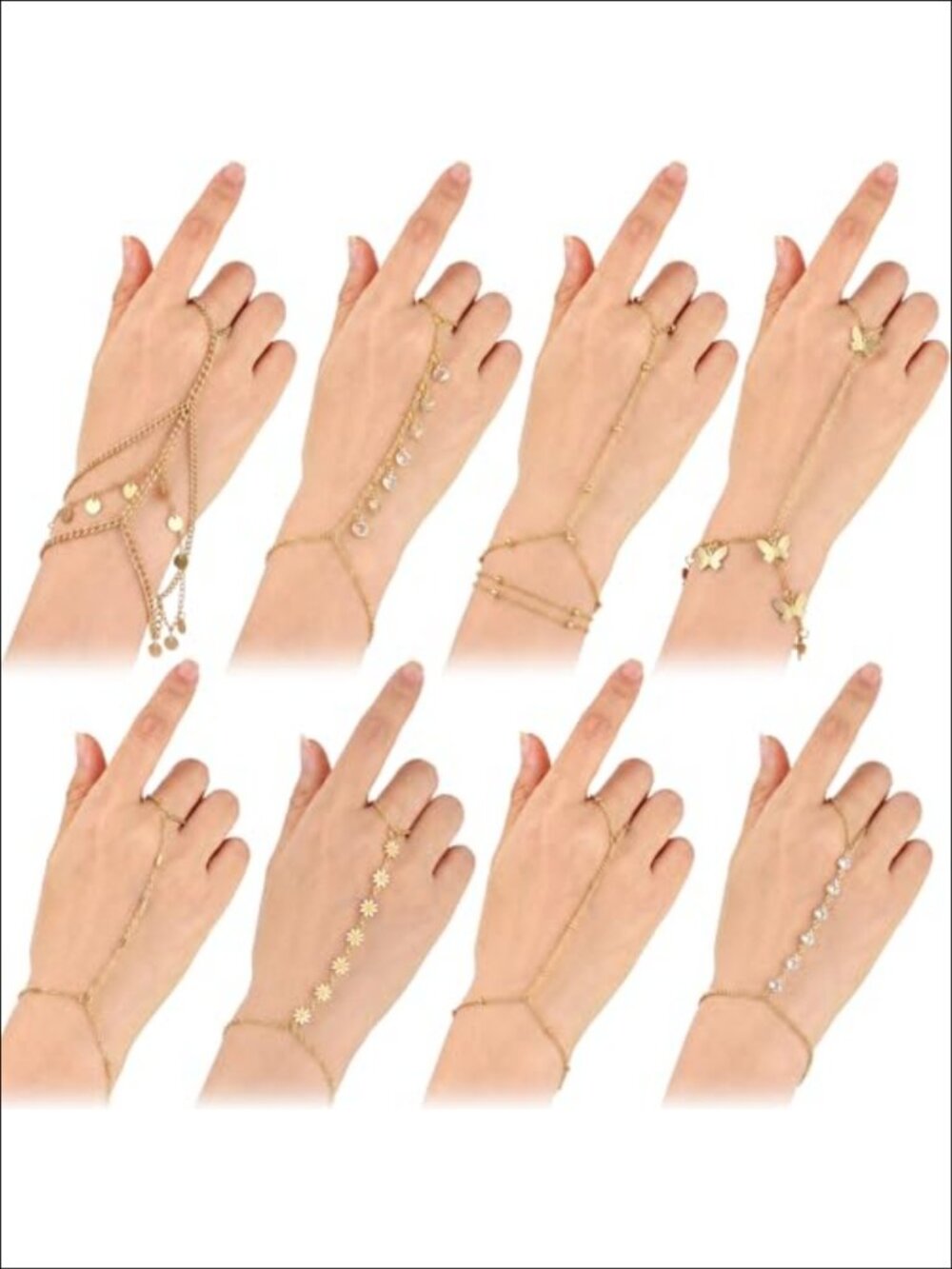 8 Pc Hand Chain Bracelet Ring Set Gold Tone Alloy Women